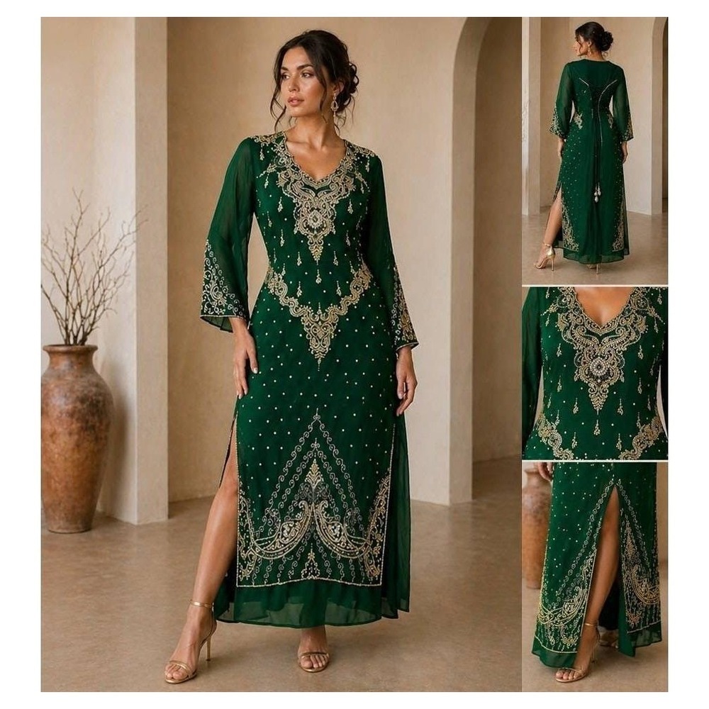 Y2K Emerald Green Beaded Dress Rhinestone Embellished Kaftan Style Lace Up Back